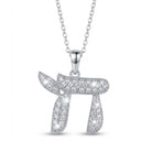 [group: silver] A silver-toned necklace featuring a Hebrew letter 'Shin' pendant paved with clear stones, suspended from a delicate silver chain against a white background.