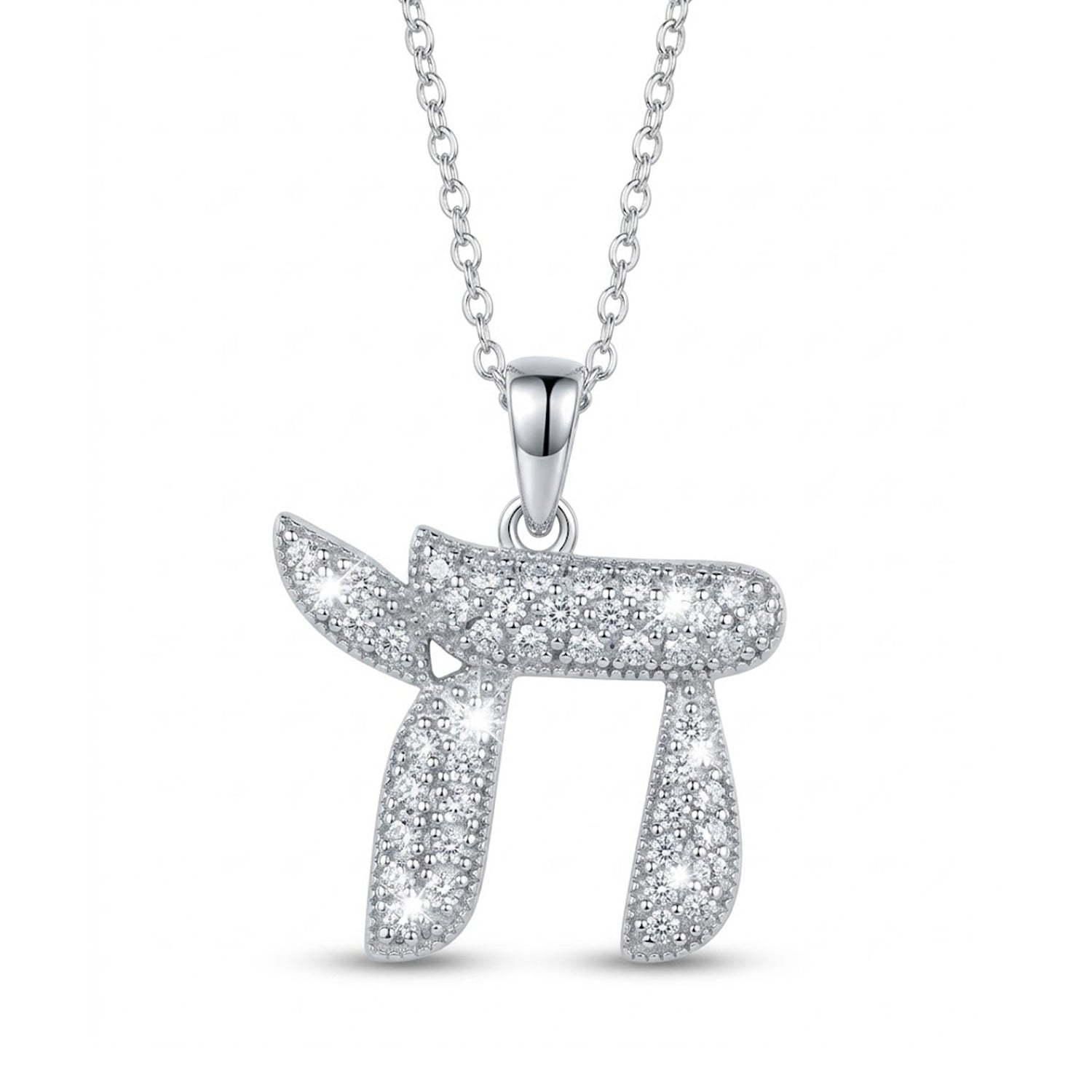 [group: silver] A silver-toned necklace featuring a Hebrew letter 'Shin' pendant paved with clear stones, suspended from a delicate silver chain against a white background.