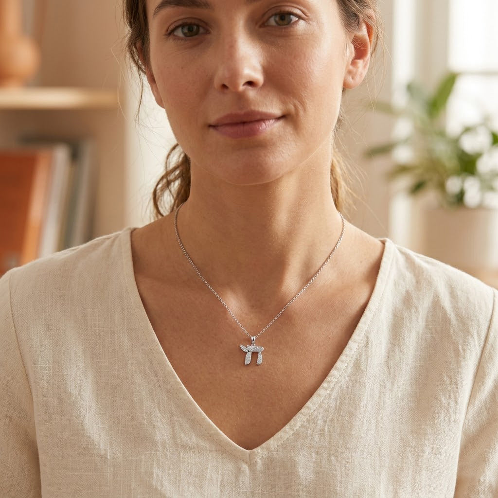 [group: silver] A woman wearing a delicate silver necklace with a small geometric pendant, styled with a cream-colored linen top in a softly lit indoor setting.