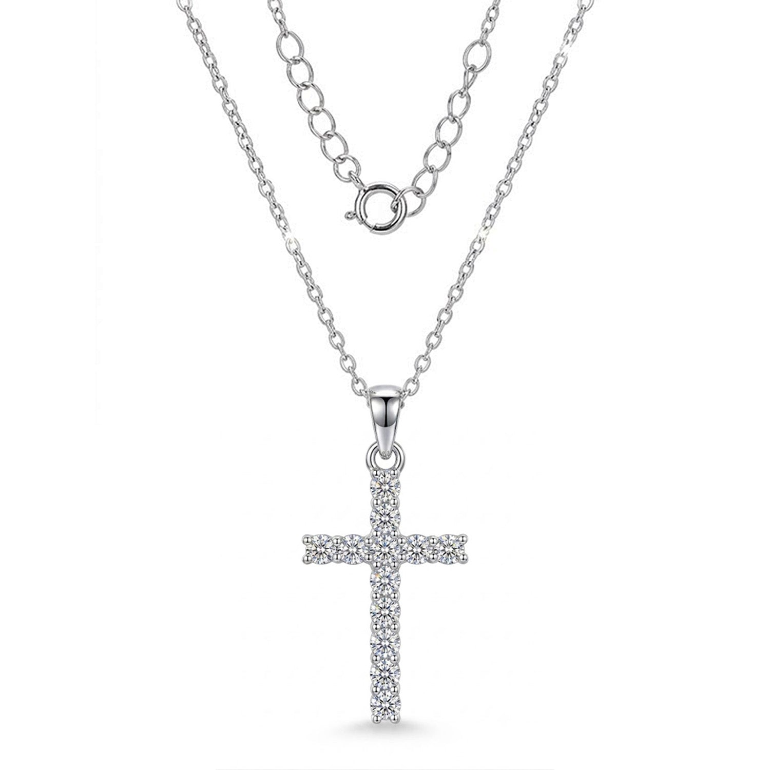 Silver cross pendant necklace on a white background