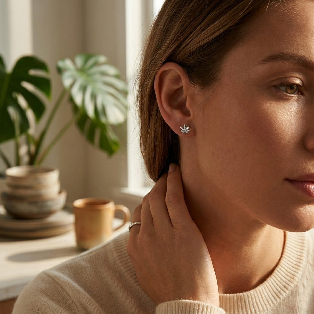 Woman wearing a leaf-shaped earring in a warm, indoor setting with a plant and cup in the background.