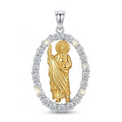 Gold saint jude  religious figure pendant with Moissanite Stone frame on white background