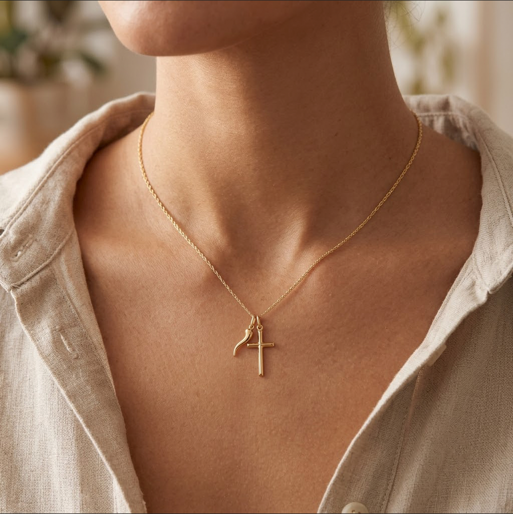 A close-up of a person wearing a delicate gold chain necklace with a small cross pendant, styled with a light beige linen shirt.