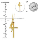 Gold cross pendant necklace with a crescent moon and cross design, shown on a white background with measurement guides indicating 27 mm height, a 25 mm coin size reference, and a circular inset of the pendant.