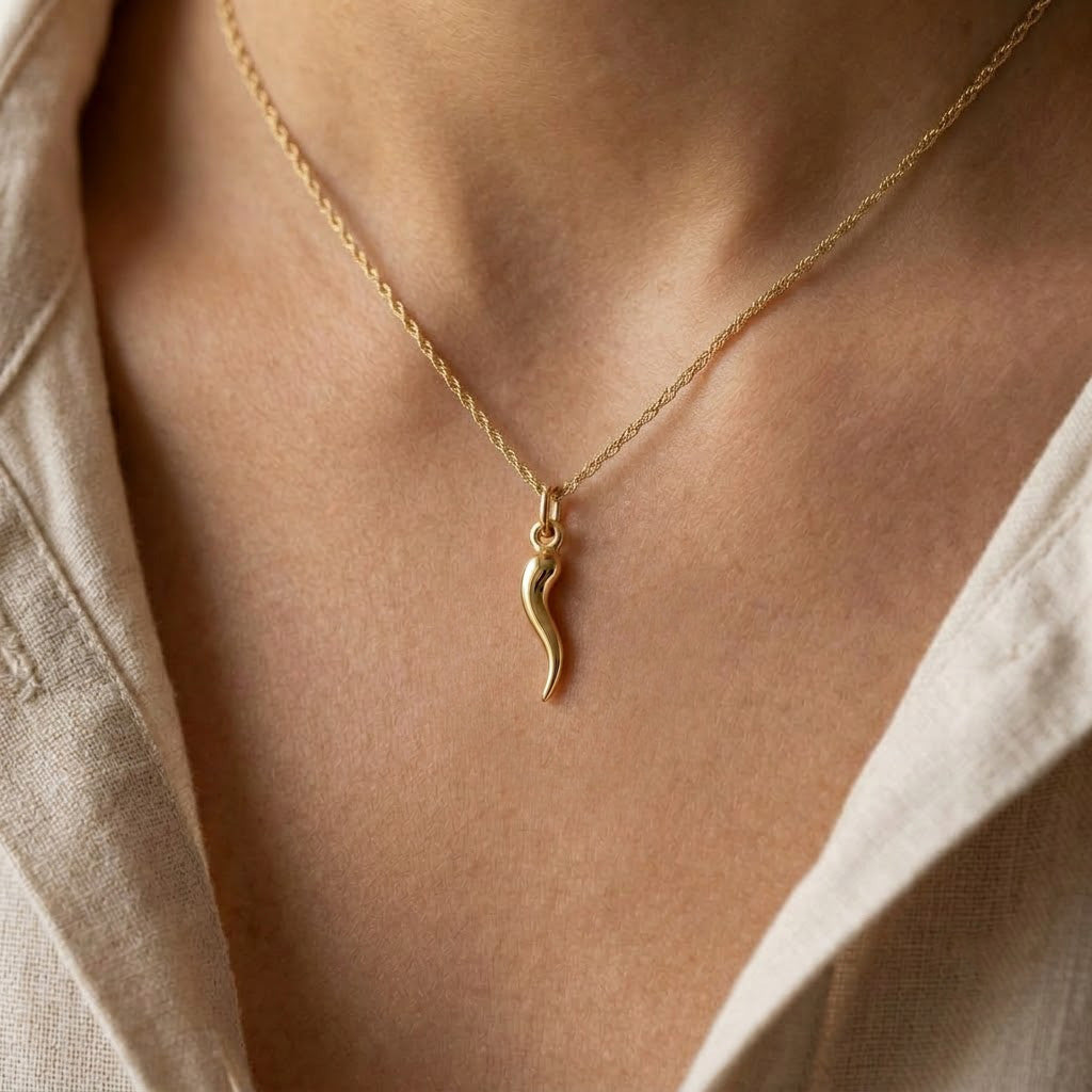 [group: mini] Gold Italian Horn Pendant on female model 