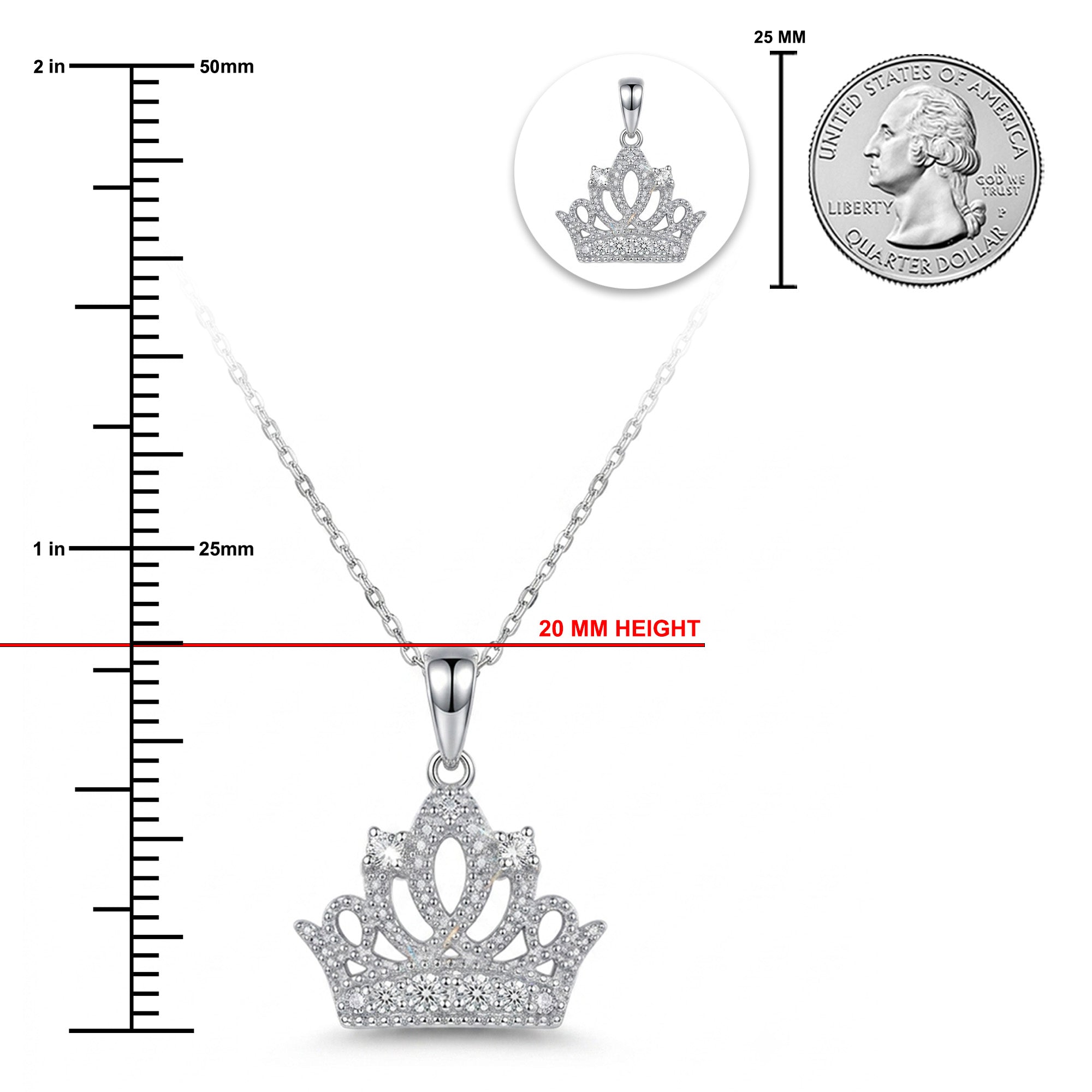 Silver tiara pendant necklace with measurements on a white background