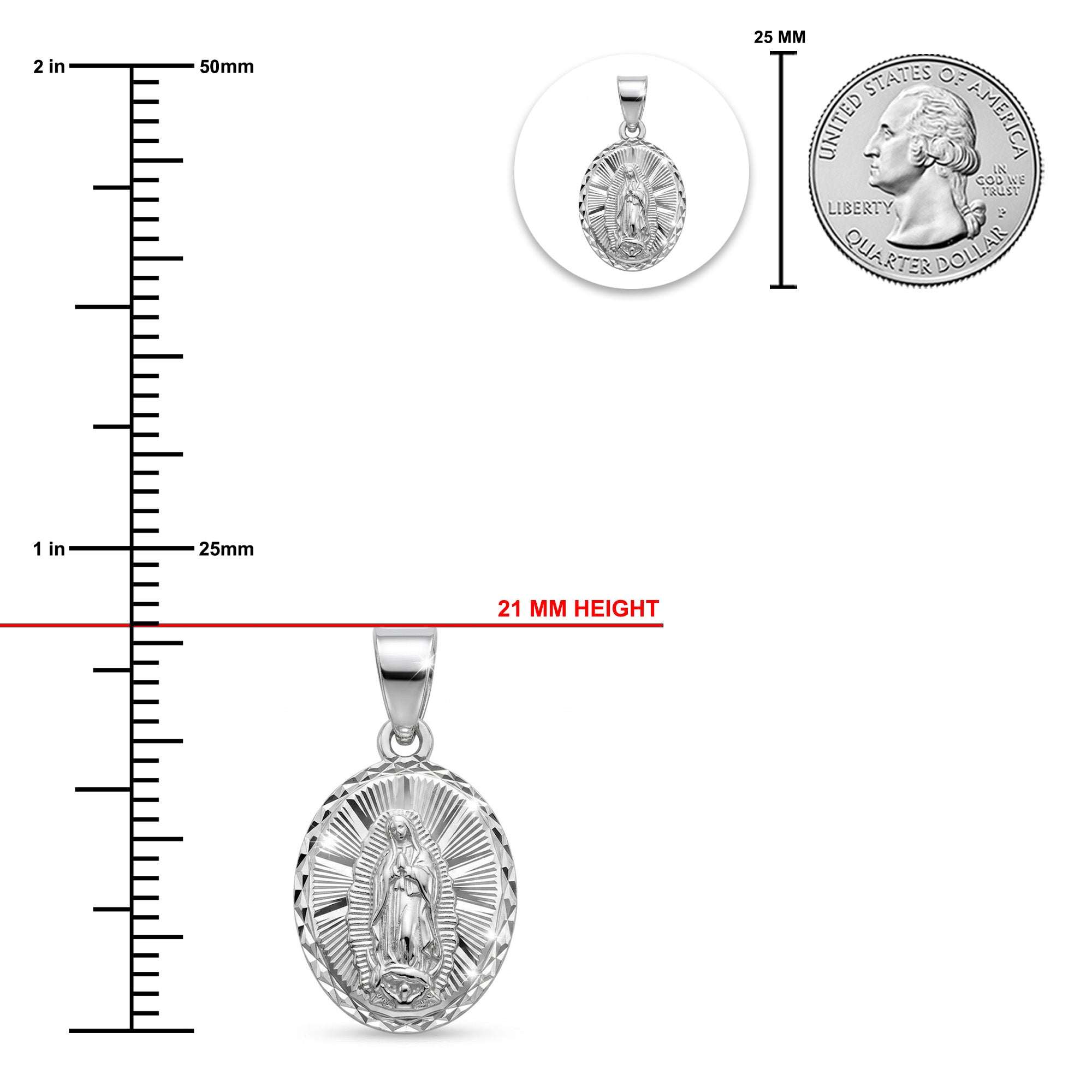 Silver pendant with measurement details on a white background