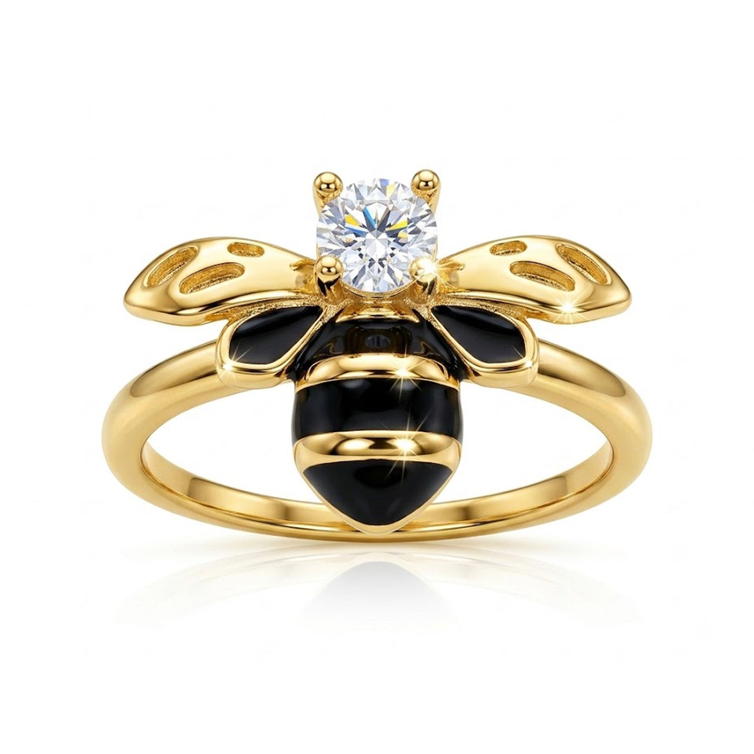 Gold bee-shaped ring with a diamond on a white background