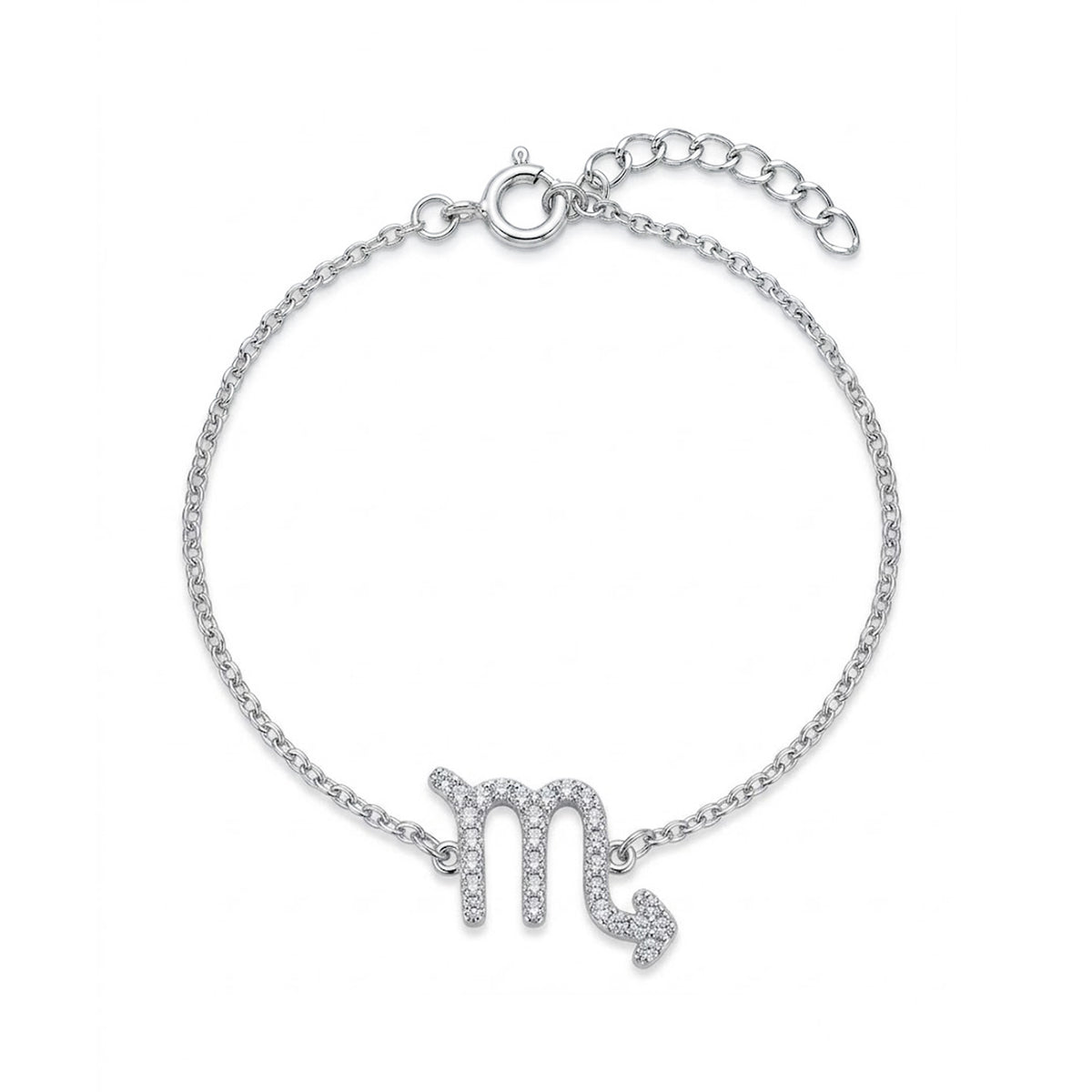[group:sco]   A silver chain bracelet featuring a dangling zodiac sign 'Scorpio' charm paved with small clear stones, shown on a plain white background.