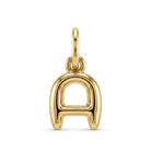 [group: a-10k-gold] A polished yellow gold letter 'A' pendant charm with a smooth, reflective finish, shown on a clean white background.