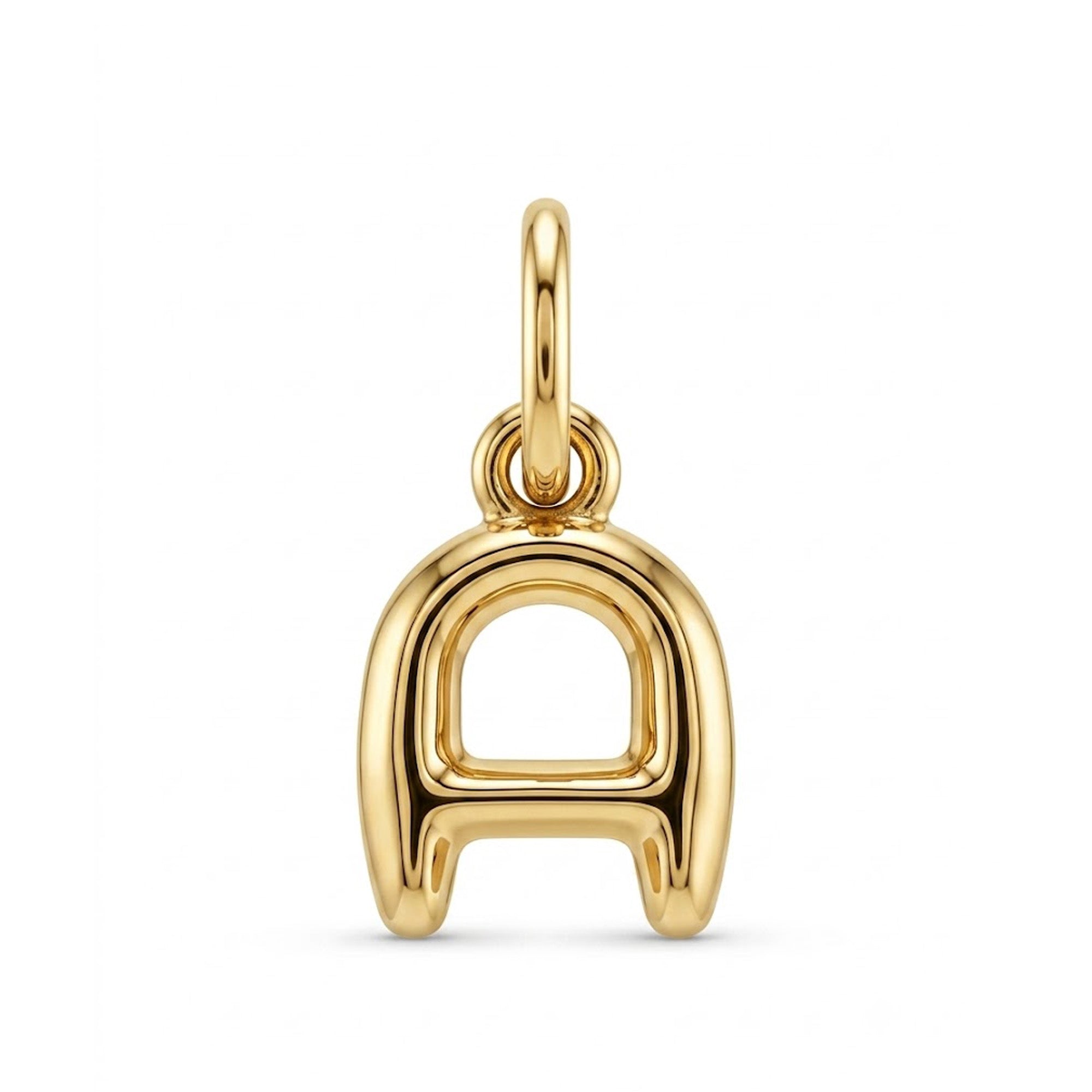 [group: a-10k-gold] A polished yellow gold letter 'A' pendant charm with a smooth, reflective finish, shown on a clean white background.