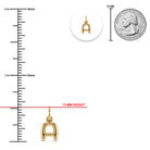 [group: a-10k-gold]Gold pendant charm shown with measurement markings, a 13 mm height red line, a 25 mm coin scale reference, and a small circular inset of the pendant.
