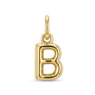[group: b-10k-gold] A polished yellow gold initial pendant charm shaped like the letter 'B', featuring a smooth, openwork design and a top loop for attachment, shown on a clean white background.