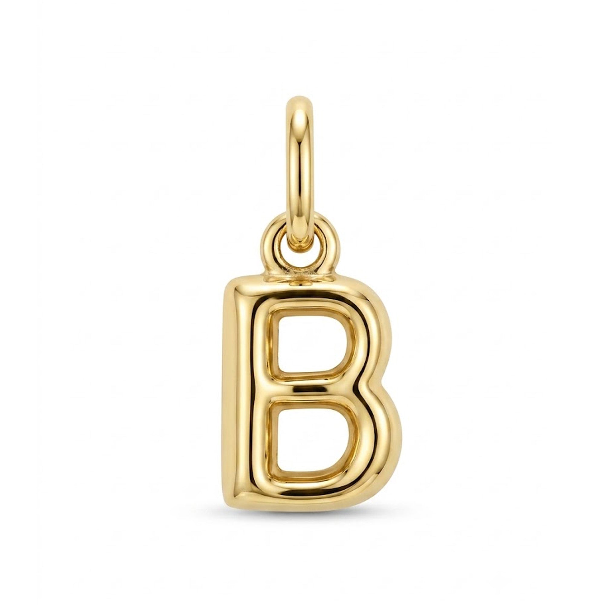 [group: b-10k-gold] A polished yellow gold initial pendant charm shaped like the letter 'B', featuring a smooth, openwork design and a top loop for attachment, shown on a clean white background.