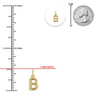 [group: b-10k-gold]Gold initial pendant charm 'B' shown with measurement markings, a 13 mm height indicator, a 25 mm coin scale reference, and a small circular inset of the pendant.