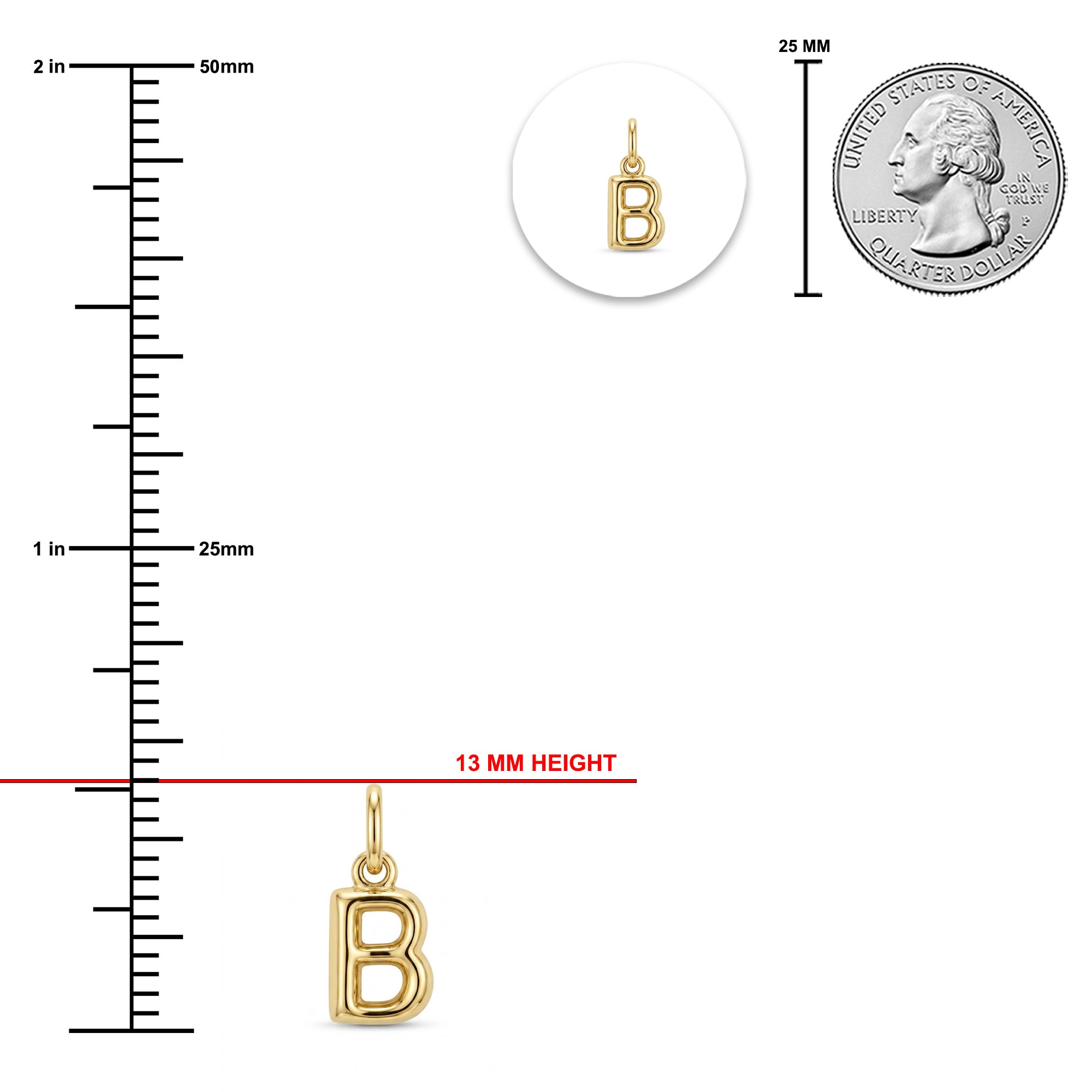 [group: b-10k-gold]Gold initial pendant charm 'B' shown with measurement markings, a 13 mm height indicator, a 25 mm coin scale reference, and a small circular inset of the pendant.