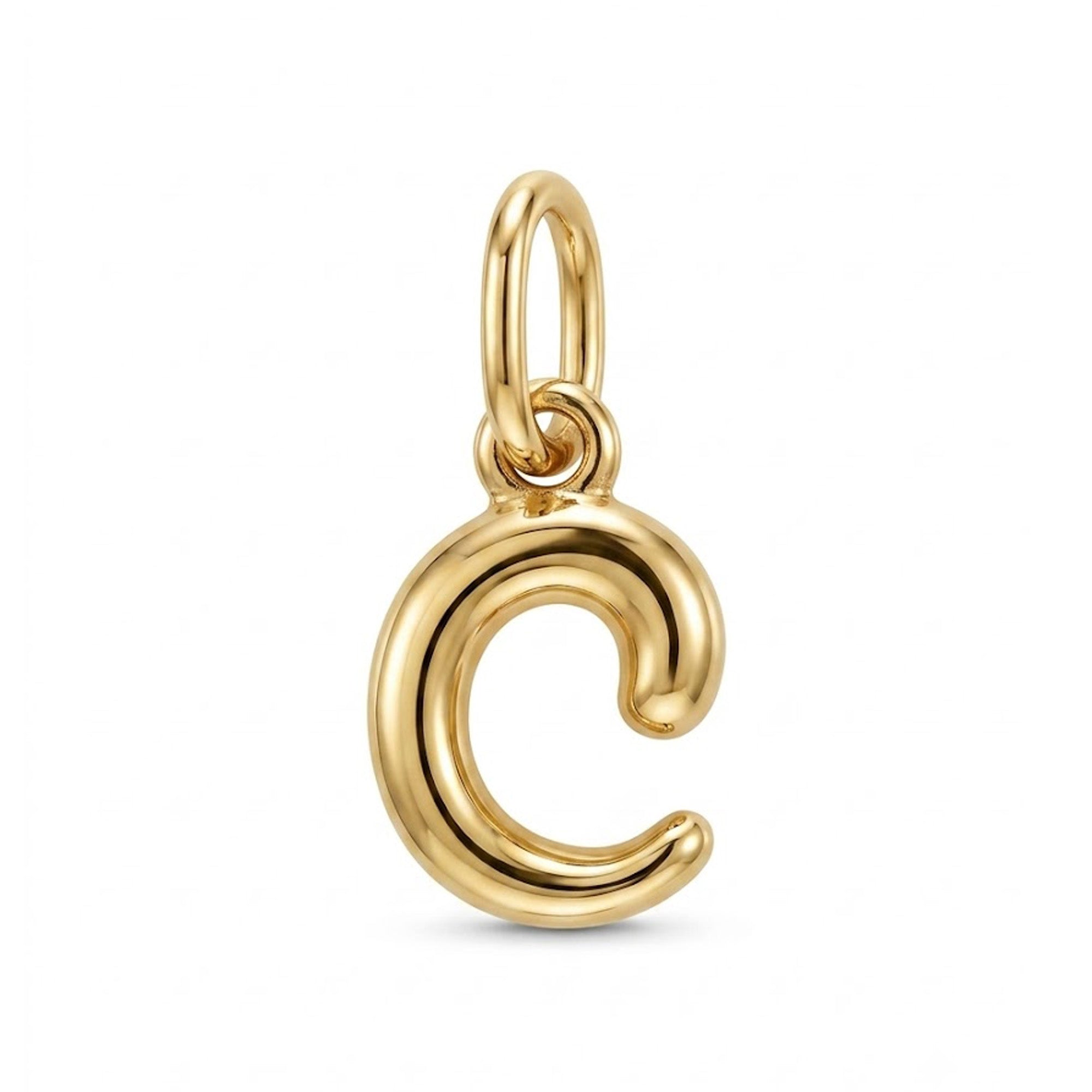[group: c-10k-gold] A polished yellow gold initial letter 'C' charm pendant with a hanging loop, shown on a clean white background.