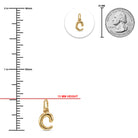 [group: c-10k-gold]Gold letter C pendant charm shown with measurement guides, including a 13 mm height, a 25 mm scale reference, and a coin size comparison on a white background.