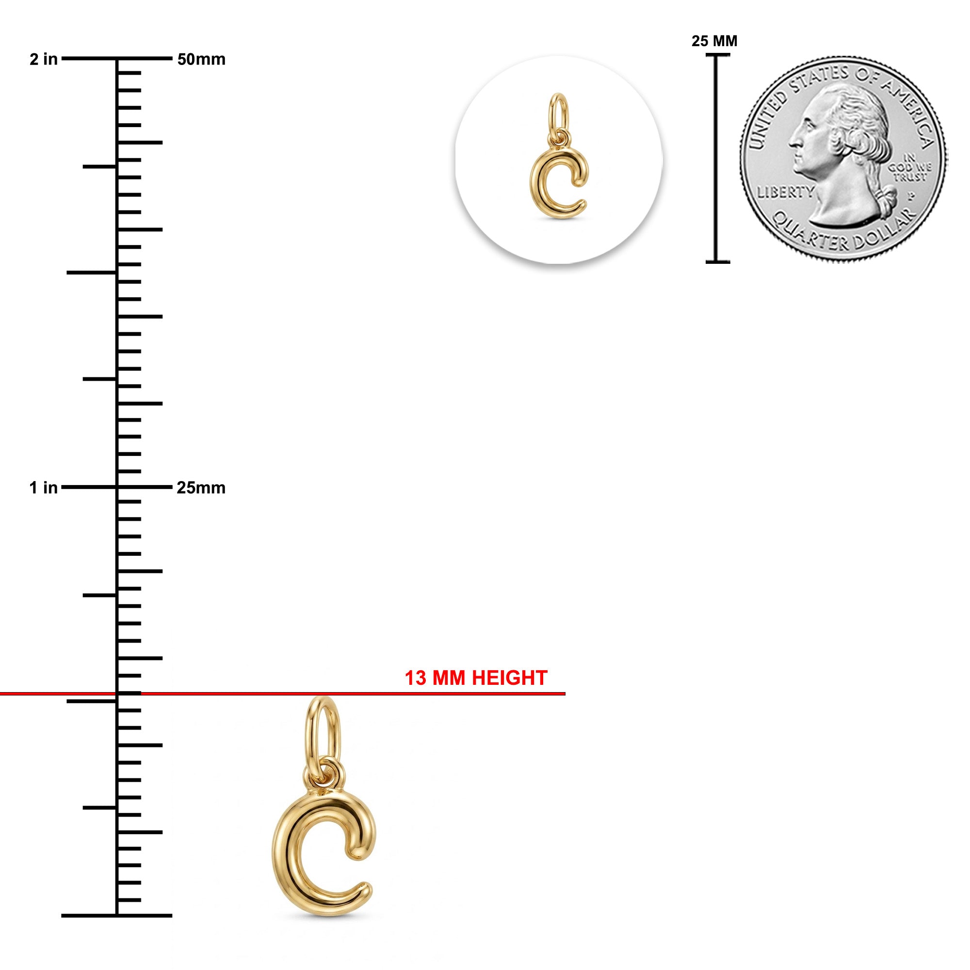 [group: c-10k-gold]Gold letter C pendant charm shown with measurement guides, including a 13 mm height, a 25 mm scale reference, and a coin size comparison on a white background.