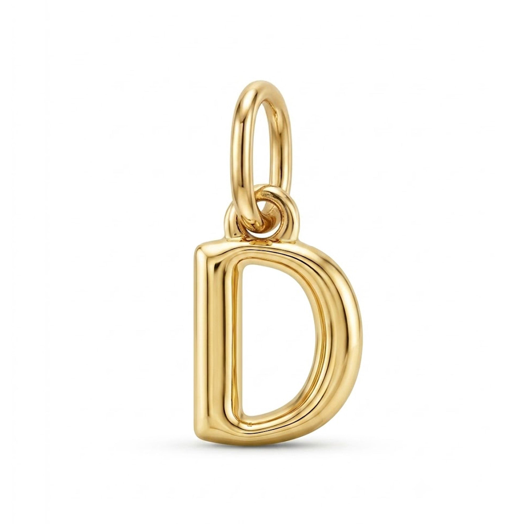 [group:d-10k-gold] A polished gold initial pendant charm shaped like the letter 'D' with a hanging loop at the top, shown on a clean white background.
