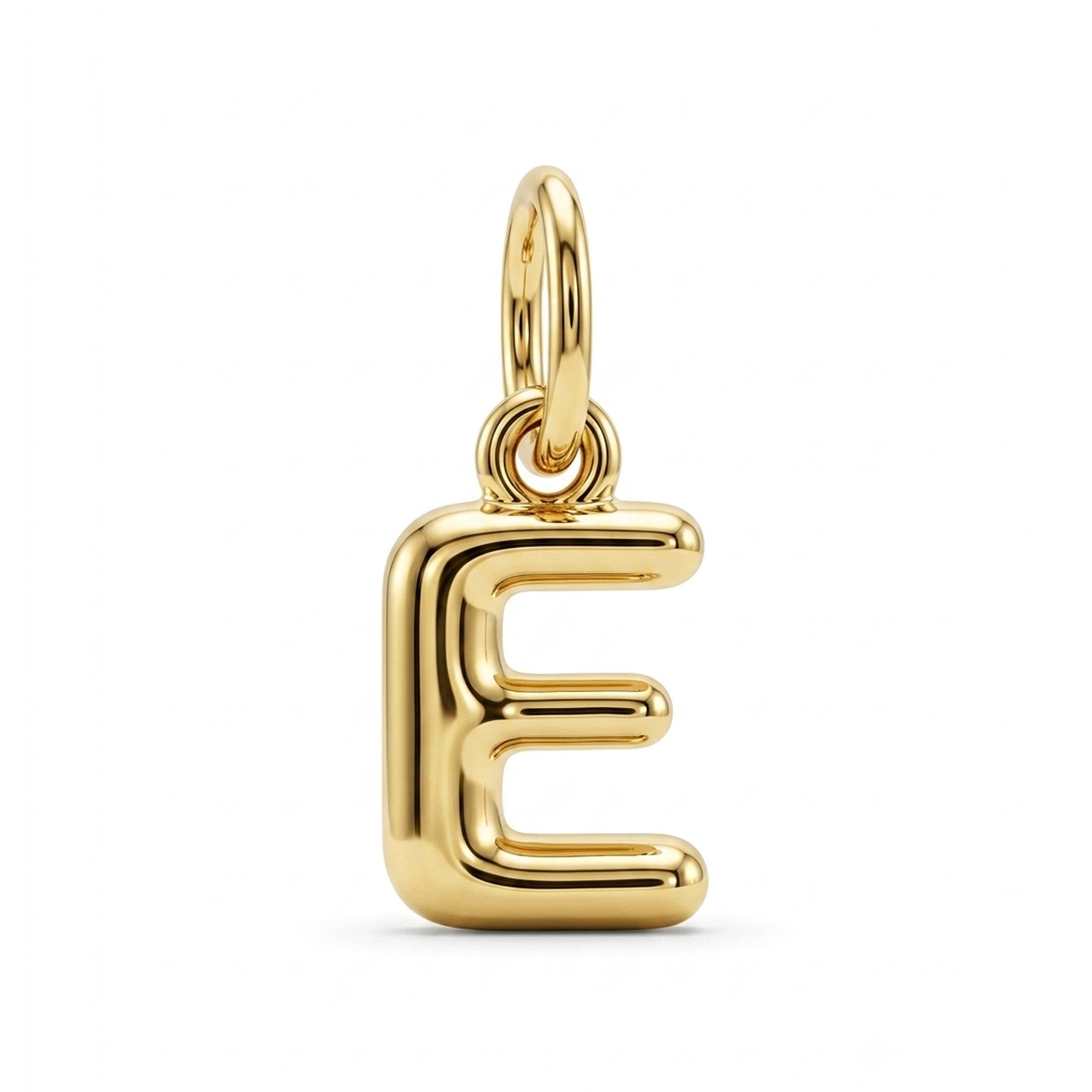 [group: e-10k-gold] A polished gold initial pendant charm shaped like the letter 'E', featuring a smooth, reflective finish and a top loop for attachment, shown on a clean white background.