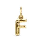 [group: f-10k-gold] A polished yellow gold initial pendant charm shaped like the letter 'F', featuring a smooth, rounded design and a top loop for attachment, shown on a clean white background.