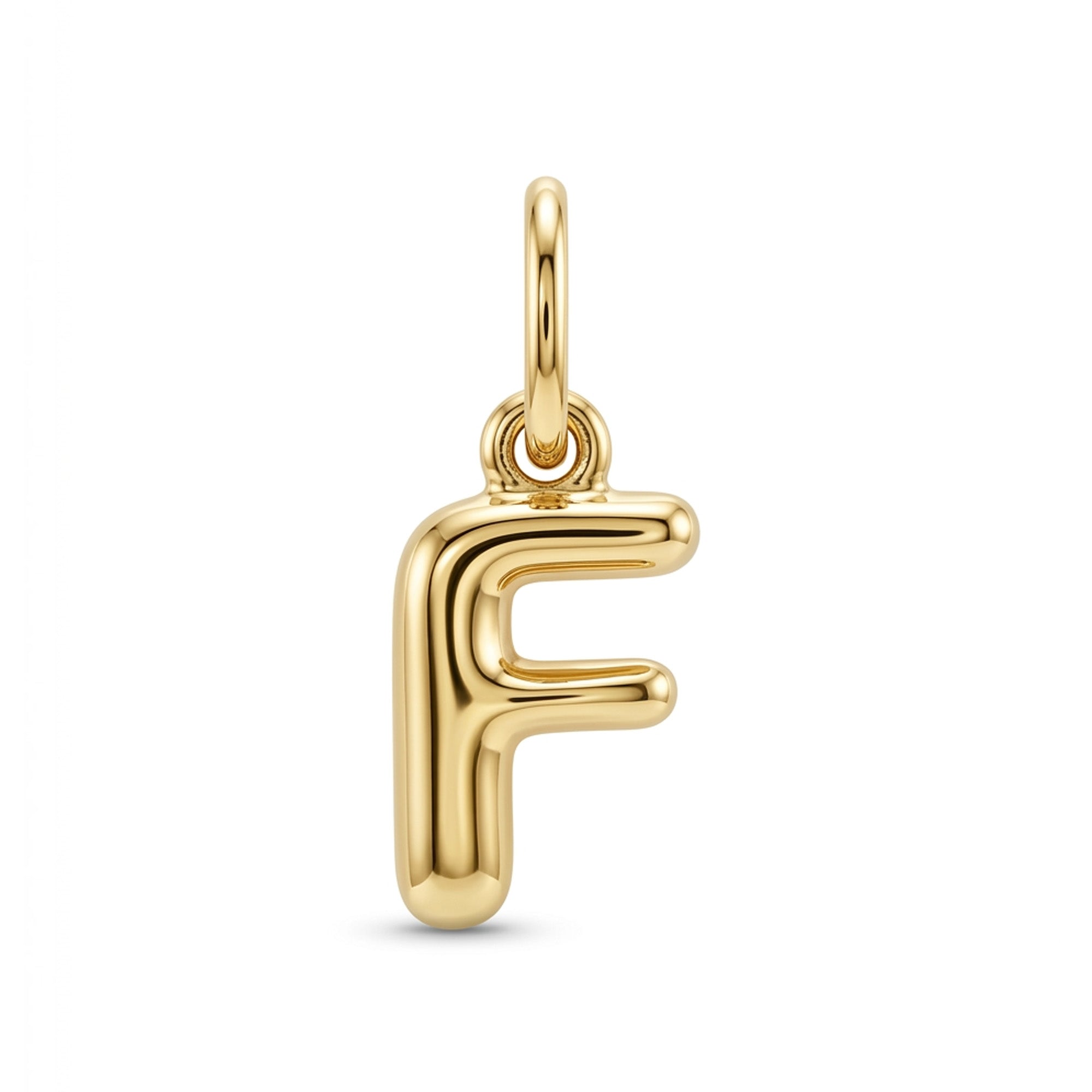 [group: f-10k-gold] A polished yellow gold initial pendant charm shaped like the letter 'F', featuring a smooth, rounded design and a top loop for attachment, shown on a clean white background.
