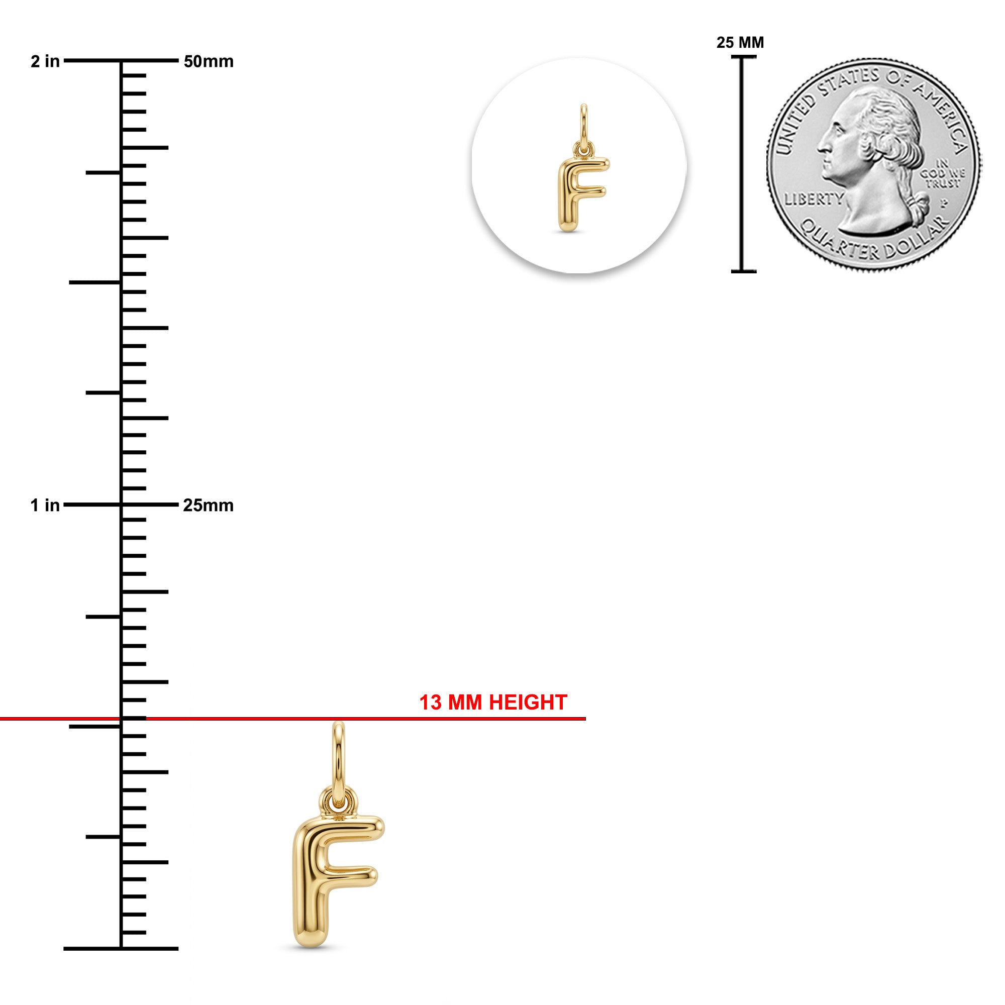 [group: f-10k-gold]Gold initial pendant charm shaped like the letter 'F', shown with a measurement ruler in millimeters, a 25 mm US quarter coin for scale, and a small circular inset of the pendant.