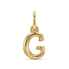 [group: g-10k-gold]A polished yellow gold initial pendant charm shaped like the letter 'C', featuring a smooth, rounded design with a top loop for attachment, shown on a clean white background.