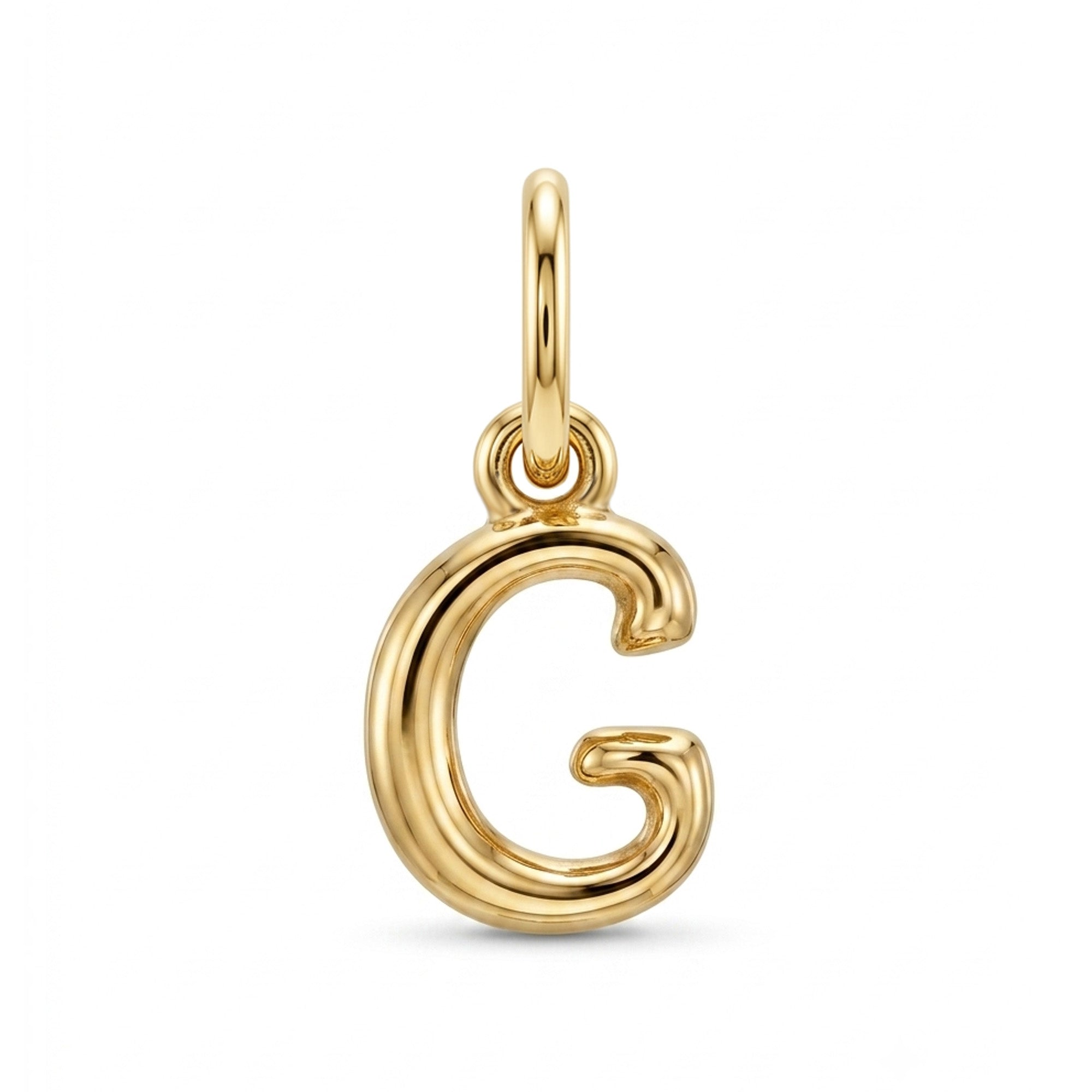 [group: g-10k-gold]A polished yellow gold initial pendant charm shaped like the letter 'C', featuring a smooth, rounded design with a top loop for attachment, shown on a clean white background.