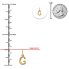 [group: g-10k-gold]Gold initial pendant charm 'G' shown with measurement markings, a 13 mm height indicator, a 25 mm coin scale reference, and a small circular inset of the pendant.