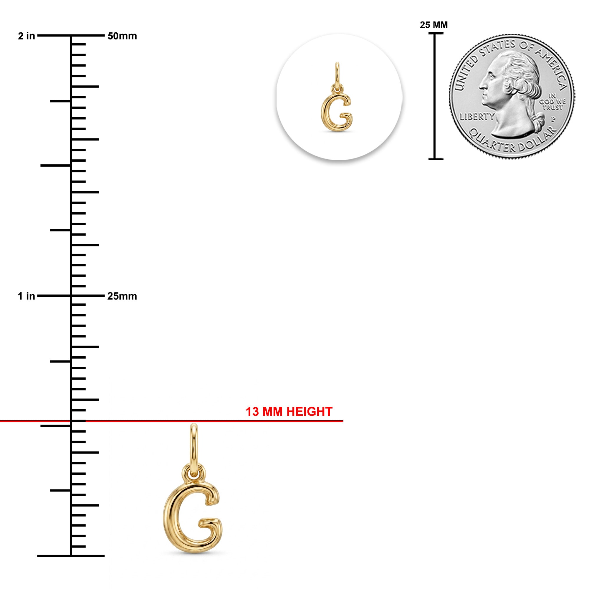 [group: g-10k-gold]Gold initial pendant charm 'G' shown with measurement markings, a 13 mm height indicator, a 25 mm coin scale reference, and a small circular inset of the pendant.