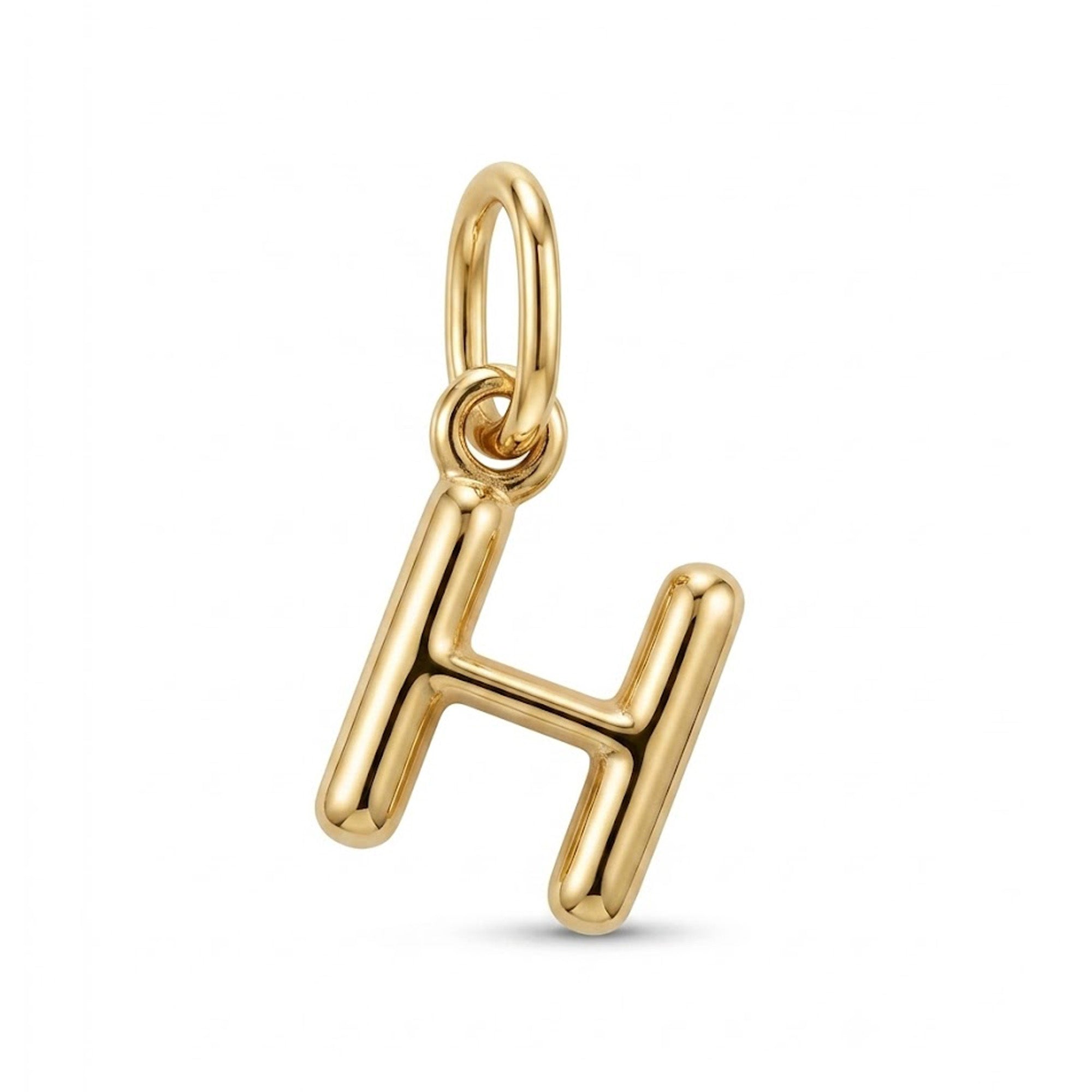 [group: h-10k-gold]A polished yellow gold letter 'H' charm pendant with a top loop, shown on a clean white background.