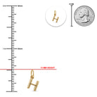 [group: h-10k-gold]Gold letter H pendant charm shown with a measurement ruler, a 25 mm US quarter coin for scale, and a circular inset of the pendant.