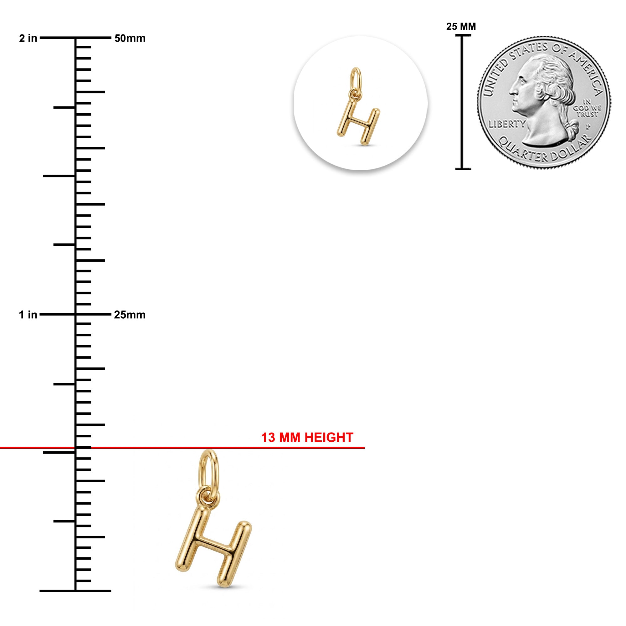 [group: h-10k-gold]Gold letter H pendant charm shown with a measurement ruler, a 25 mm US quarter coin for scale, and a circular inset of the pendant.