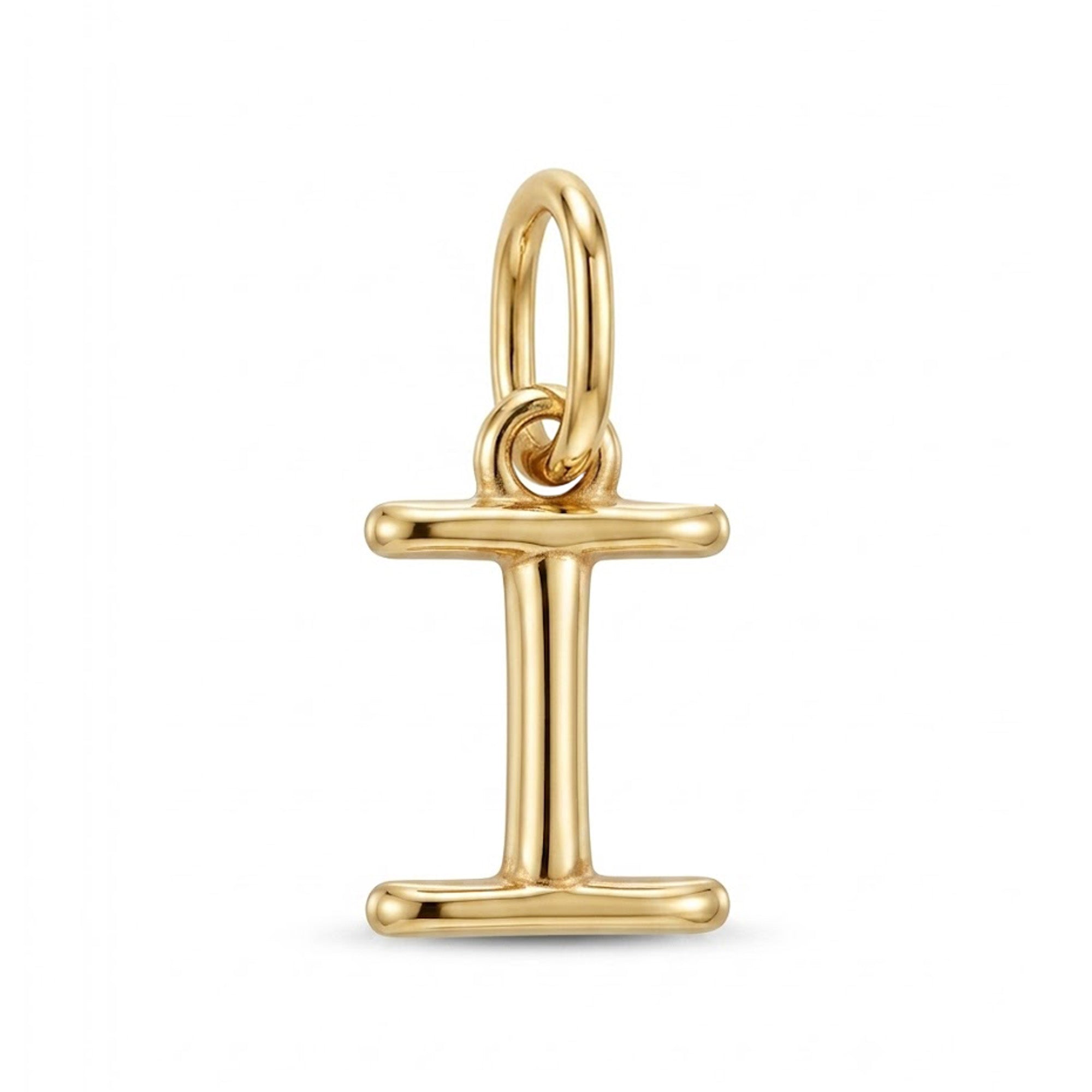 [group: i-10k-gold]A polished yellow gold initial pendant charm shaped like the letter 'I', featuring a smooth, rounded design with a top loop, shown on a clean white background.