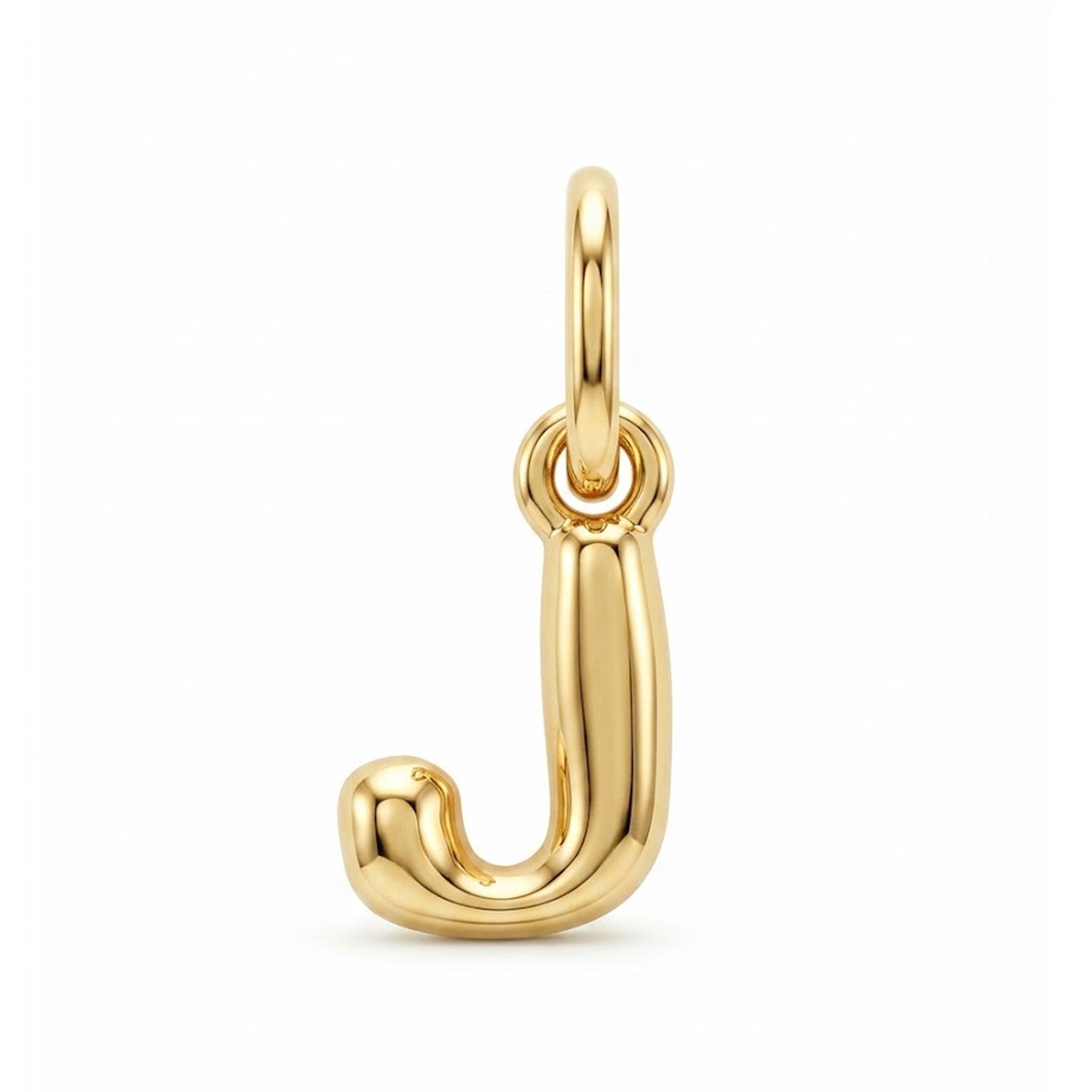 [group: j-10k-gold]A polished yellow gold initial charm shaped like the letter 'J', featuring a smooth curved body and a top loop, shown on a clean white background.