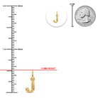 [group: j-10k-gold]Gold J-shaped pendant shown with a measurement ruler in millimeters, a 25 mm US quarter coin for scale, and a small inset of the pendant on a white background.