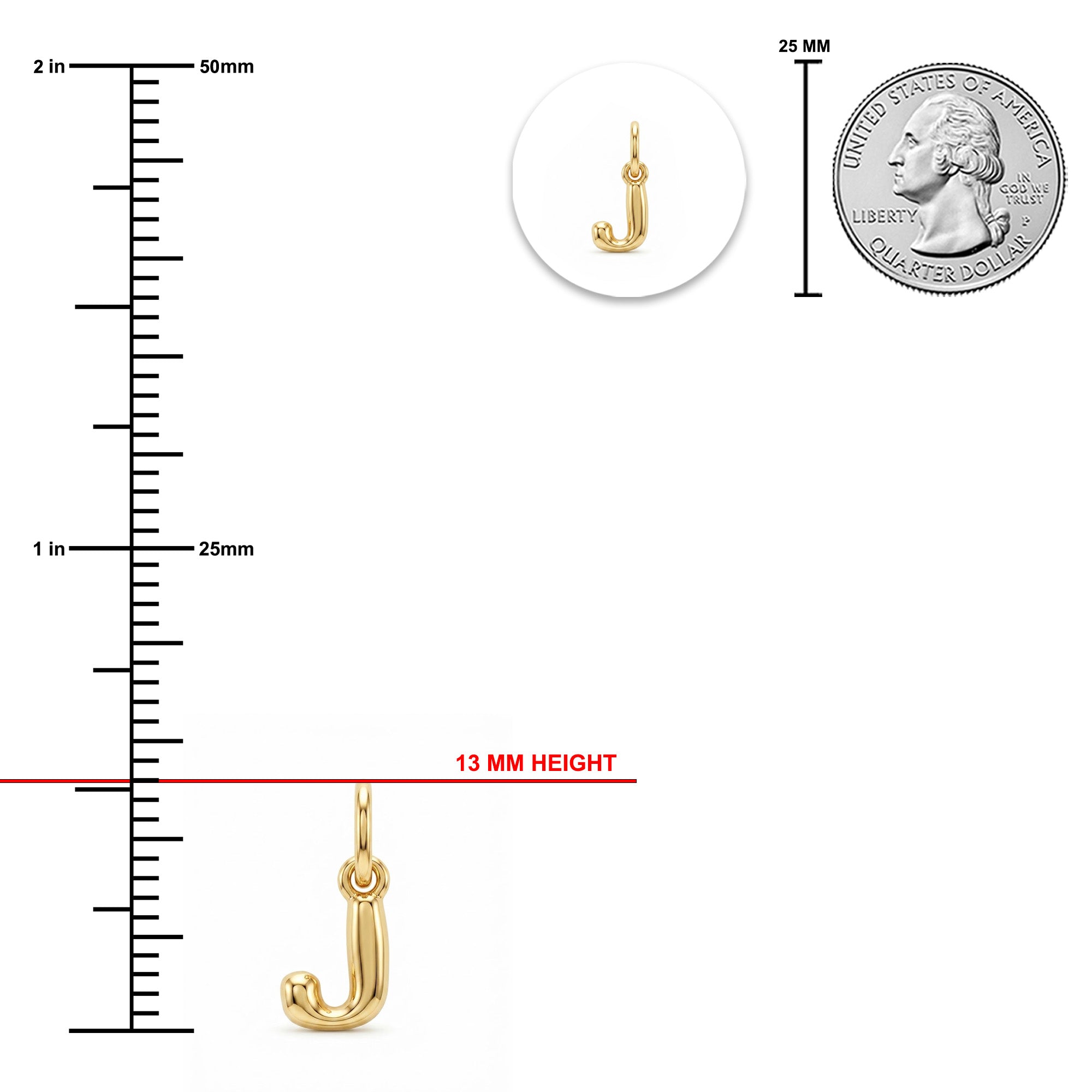 [group: j-10k-gold]Gold J-shaped pendant shown with a measurement ruler in millimeters, a 25 mm US quarter coin for scale, and a small inset of the pendant on a white background.