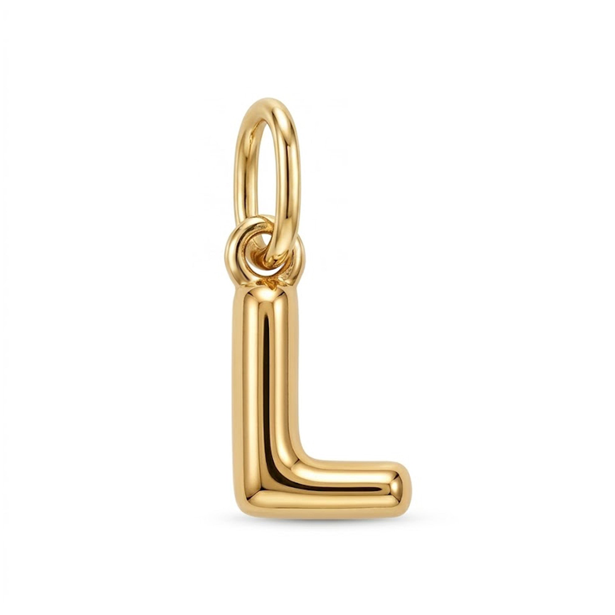 [group: l-10k-gold] A polished yellow gold initial charm shaped like the letter 'L' with a top loop, shown on a clean white background.