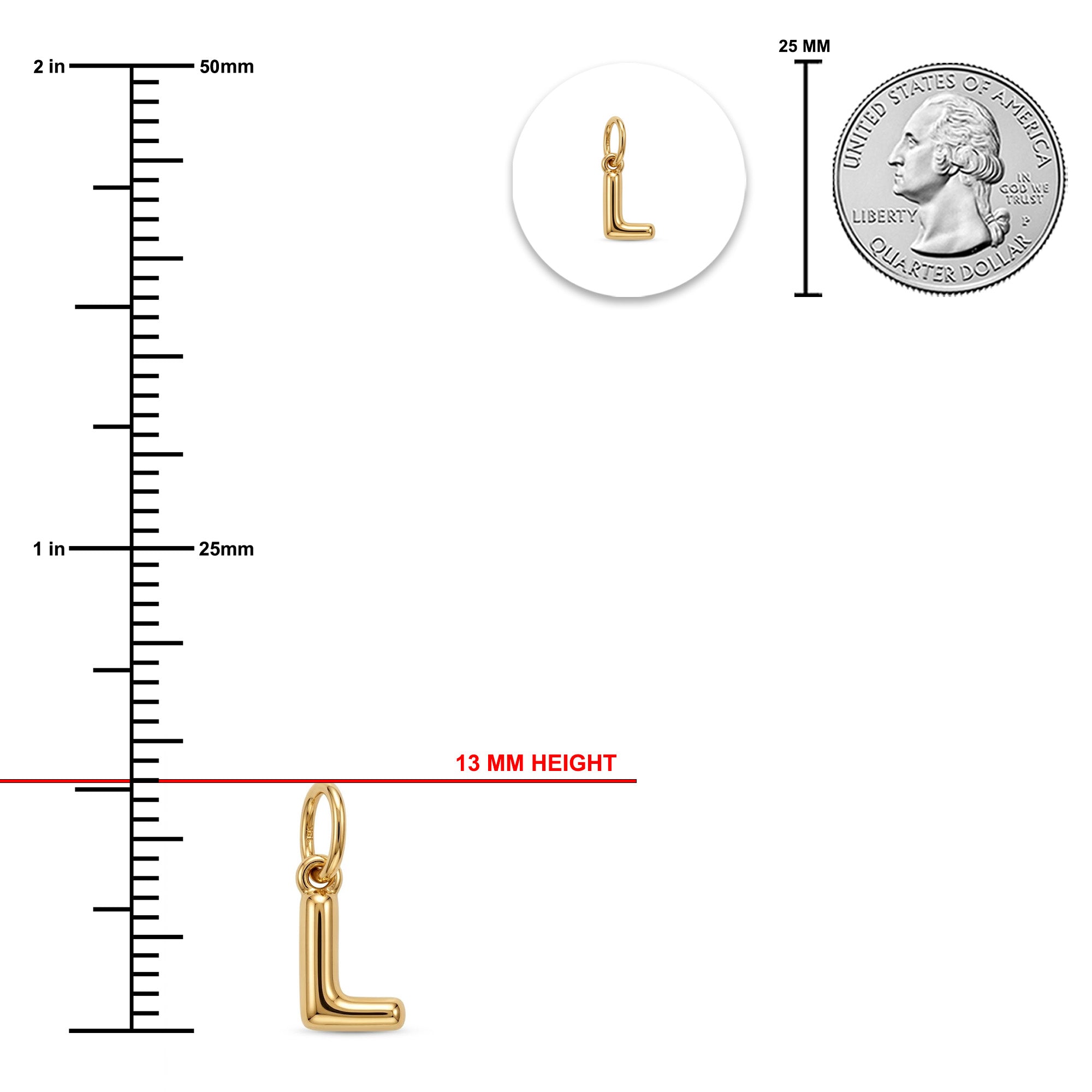 [group: l-10k-gold]Gold L-shaped pendant charm shown with a measurement ruler, a 25 mm coin for scale, and a circular inset of the pendant.