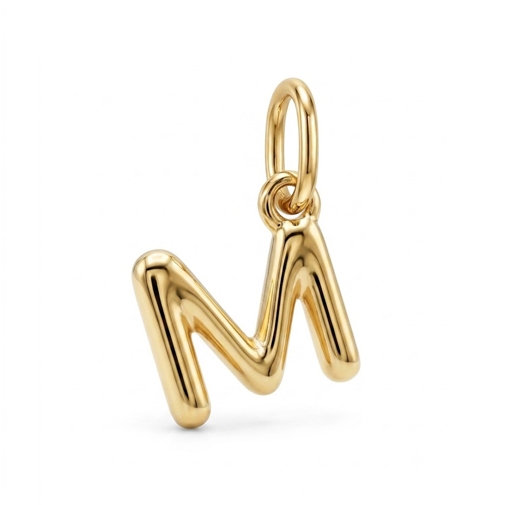 [group: m-10k-gold] A polished gold initial pendant charm shaped like the letter 'M' with a hanging loop at the top, shown on a clean white background.