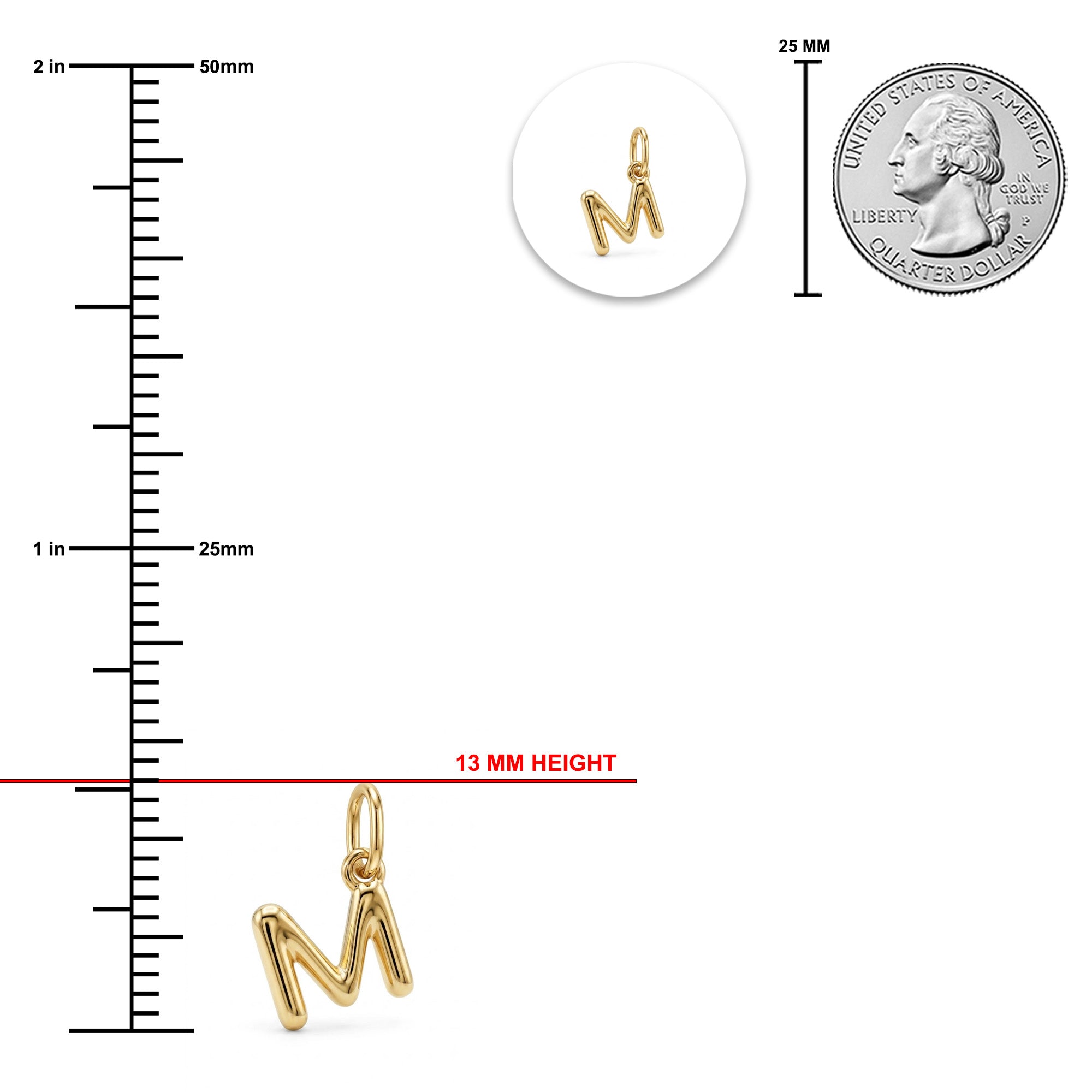[group: m-10k-gold]Gold initial pendant charm shaped like the letter 'M' with measurement annotations showing 13 mm height, a 25 mm coin scale reference, and a circular inset showing the pendant alone.