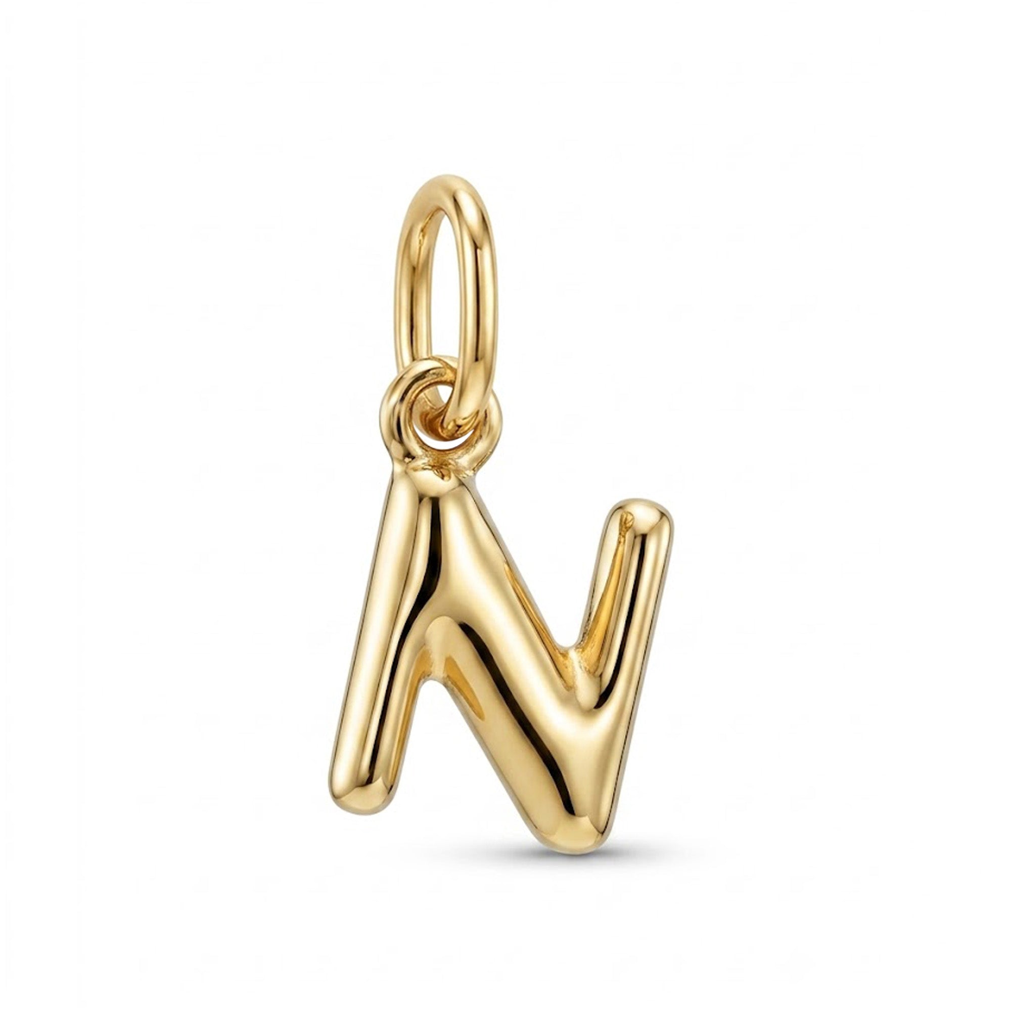 [group: n-10k-gold]A polished yellow gold initial pendant charm shaped like the letter 'N', featuring a smooth, rounded design with a top loop, shown on a clean white background.