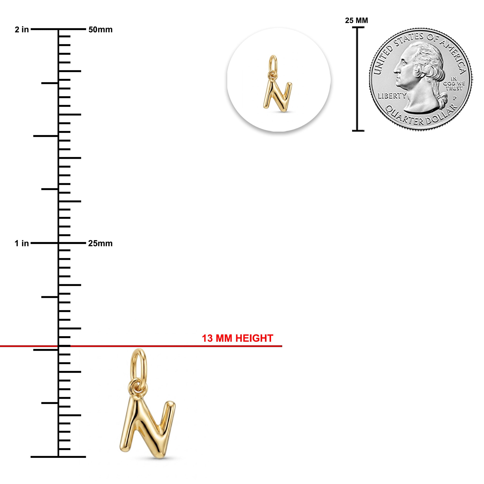 [group: n-10k-gold] Gold letter 'N' pendant charm shown with measurement guides, including a 13 mm height, a 25 mm scale reference, and a coin size comparison on a white background.