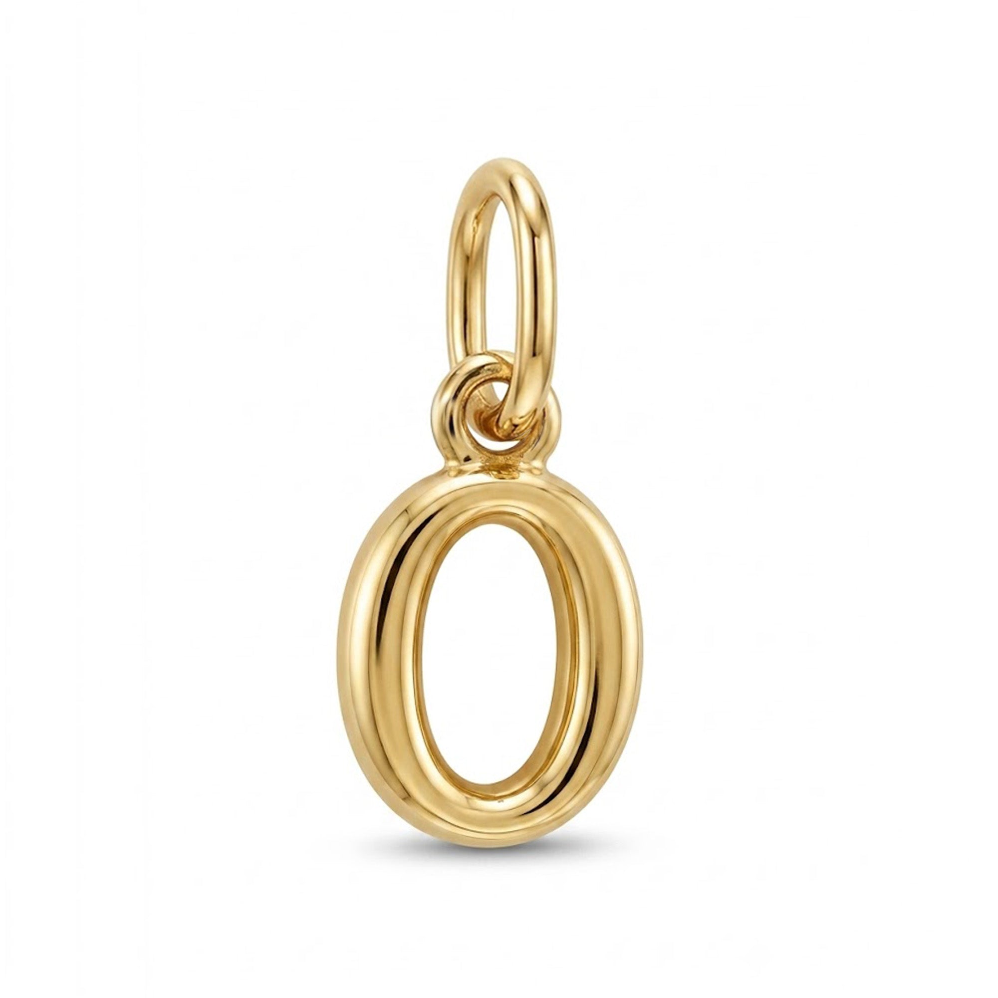 [group: o-10k-gold]  A polished yellow gold letter 'O' pendant charm with a hanging loop, shown on a clean white background.