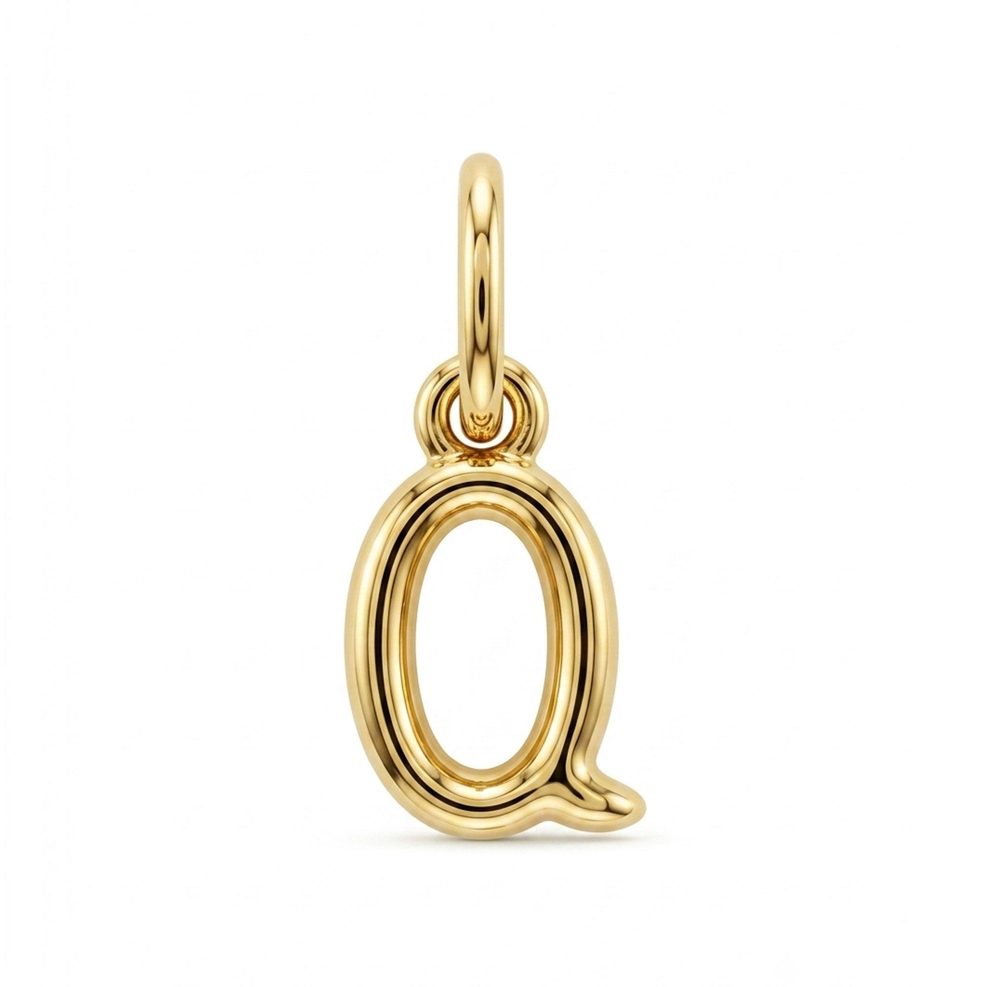 [group: q-10k-gold] A polished yellow gold initial pendant charm shaped like the letter 'Q', shown on a clean white background.
