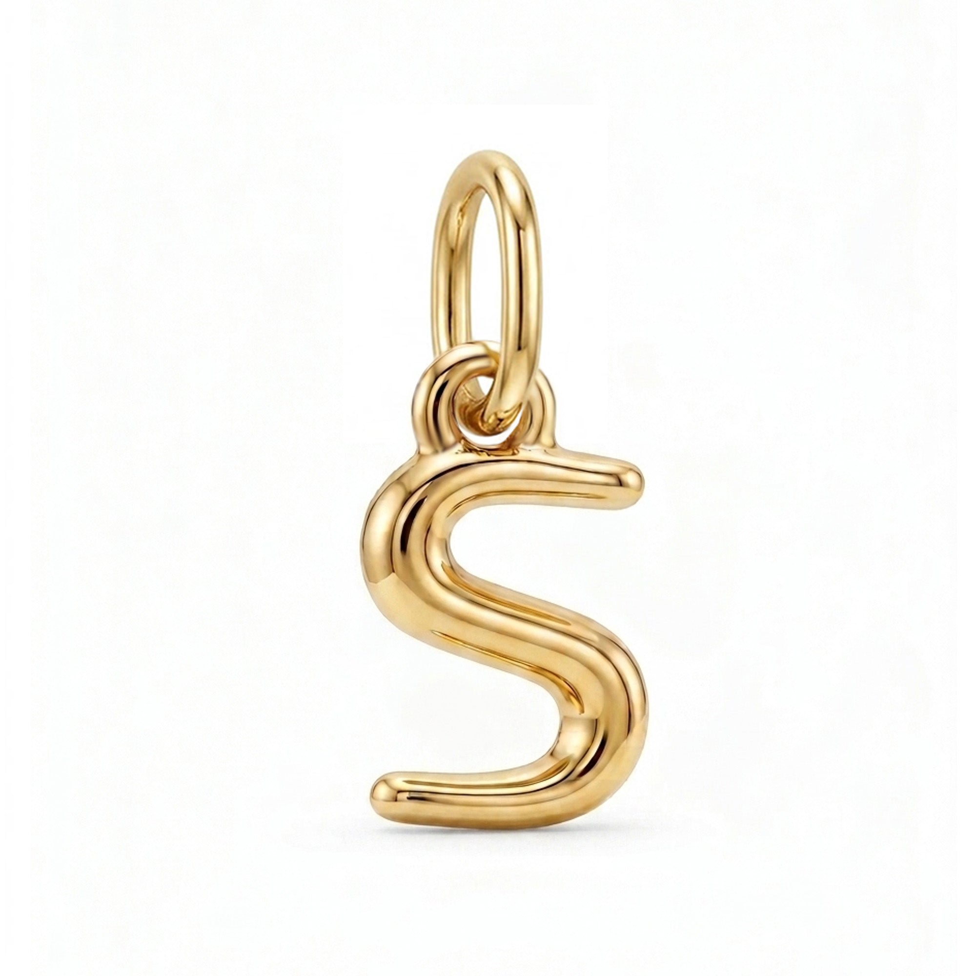 [group: s-10k-gold] A polished gold initial pendant charm shaped like the letter 'S', shown on a clean white background.