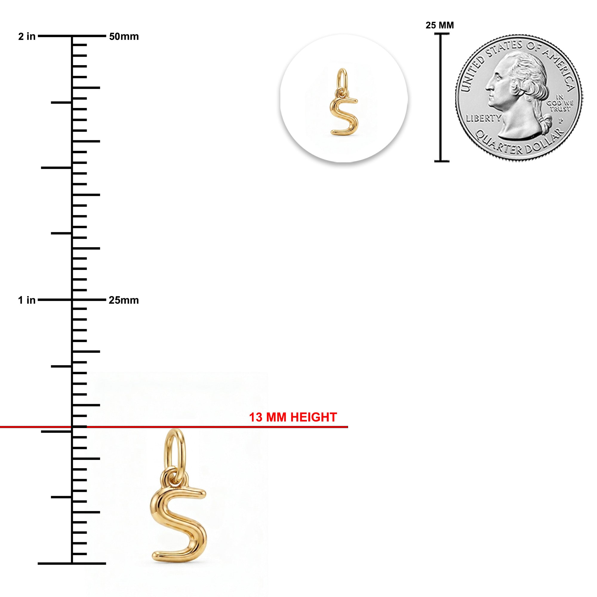 [group: s-10k-gold]Gold S-shaped pendant charm shown on a white background with measurement guides, including a 13 mm height marker, a 25 mm coin scale reference, and a circular inset of the pendant.