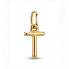 [group: t-10k-gold] A polished yellow gold T-shaped cross pendant charm with a hanging loop, shown on a clean white background.